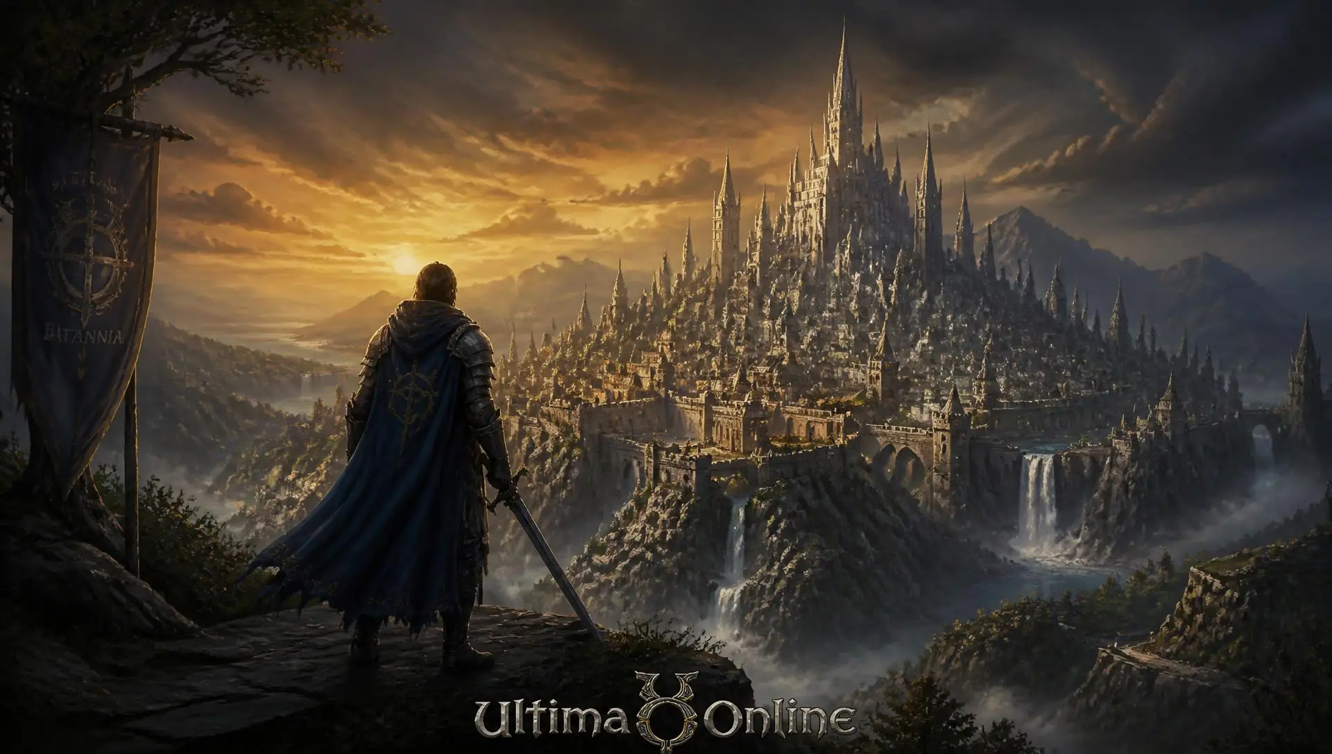 Cavaleiro contemplando o castelo de Dreamland ao pôr do sol